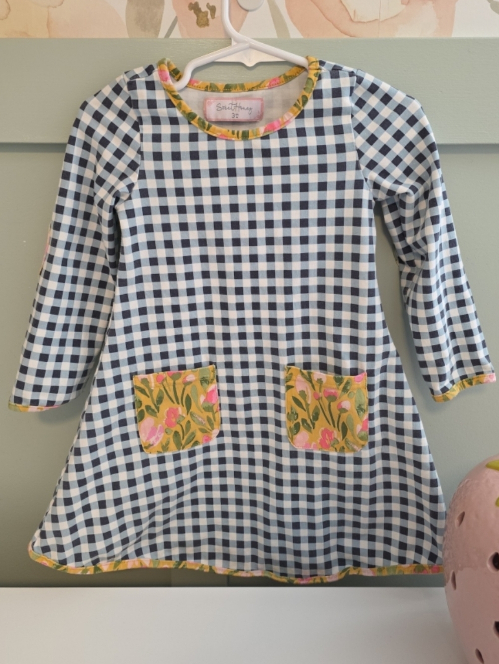 SweetHoney Blue White Dress w/ Floral Pocket Trim Fall Winter Smocked